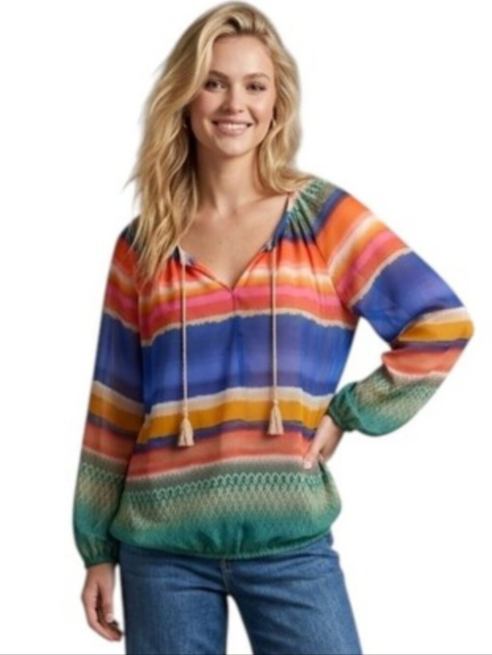 Boho Festival Top Blouse Multicolor New Directions Petite Large